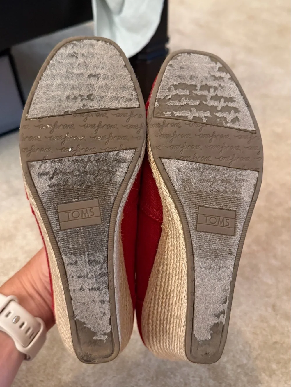 TOMS Red Canvas Wedge Espadrille Peep-Toe Heels